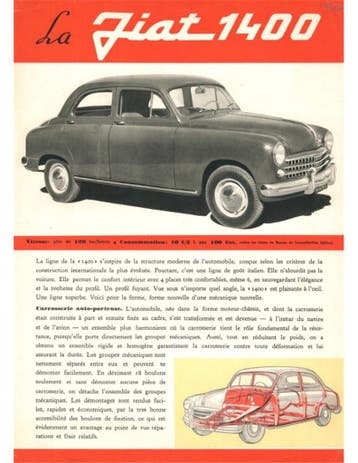 1950 FIAT 1400 LEAFLET FRANS, Nieuw, Author
