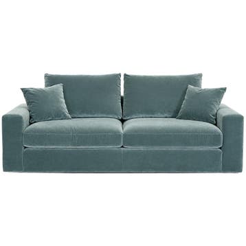 Blauwgroene Fluwelen Bank Met Sierkussens - 2-Zitsbank -, Tweepersoons, 75 tot 100 cm, Ophalen of Verzenden, Zo goed als nieuw
