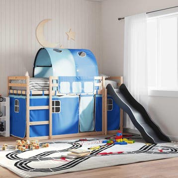 vidaXL Stapelbed met glijbaan en gordijnen blauw 80x200 cm, Eenpersoons, Nieuw, 80 cm, 200 cm
