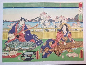Muzikanten onder kersenbloesems - 1862 - Papier - Utagawa