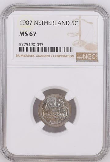 Koningin Wilhelmina 5 cent 1907 MS67 NGC gecertificeerd, Verzenden, Koningin Wilhelmina, 5 cent, Losse munt