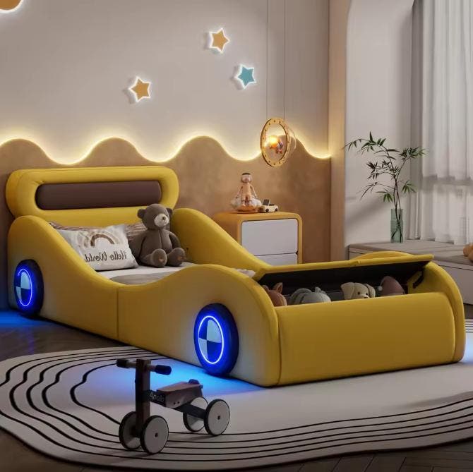 Autovormig kinderbed 90x200 met licht en opbergruimte, Kinderen en Baby's, Kinderkamer | Bedden, Nieuw, Verzenden