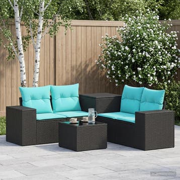 vidaXL Bankstel 6 st Zwart en Blauw Poly Rattan en Staal, Verzenden, Nieuw