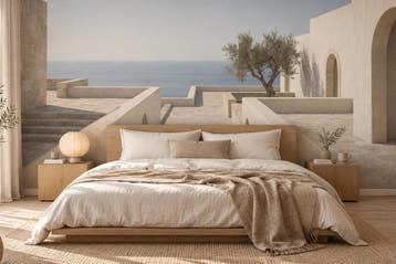 Fotobehang zeezicht – mediterraan terras behang, Verzenden, Fotobehang