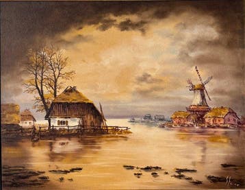 Europese school (XX) - Stimmungsvolle Landschaft mit Mühle