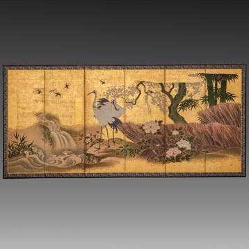 Vouwscherm met een idyllisch landschap en kraanvogels -
