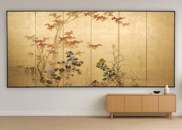 Vouwscherm met herfsttafereel - Papier, gelakt hout,