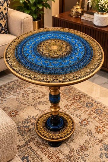 Handcrafted Pakistani Rosewood Naksheen Accent Table – Blue