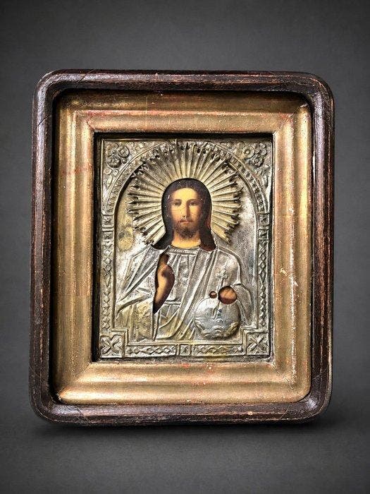 Icoon - Christus Pantokrator - Metaal - Russin, Antiek en Kunst, Kunst | Niet-Westerse kunst