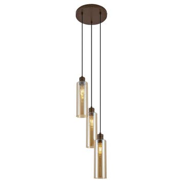 Hotel Chique hanglamp donker brons met amber glas 3-lichts, Verzenden, Nieuw, Hotel chique