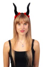 Haarband Hoorns Zwart Rood Dons Duivel Diadeem Halloween Dui, Ophalen of Verzenden, Nieuw, Halloween, Accessoires