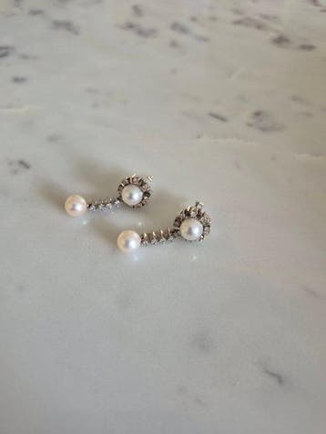 Oorstekers - 14 karaat Witgoud Parel - Diamant, Sieraden, Tassen en Uiterlijk, Antieke sieraden