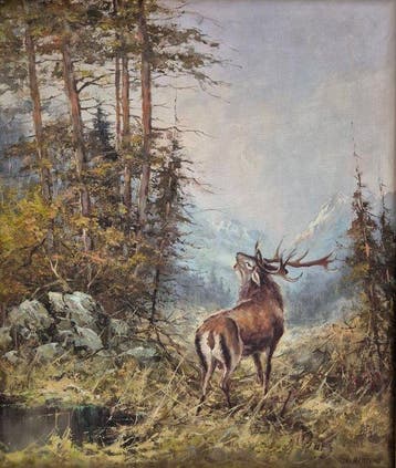 Horst Hartung (1921-?) - Röhrender Rothirsch am Waldrand, Antiek en Kunst