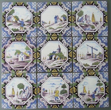 Tegel (9) - Gekleurde Landschappen in 8-Kant - 1850-1900 -