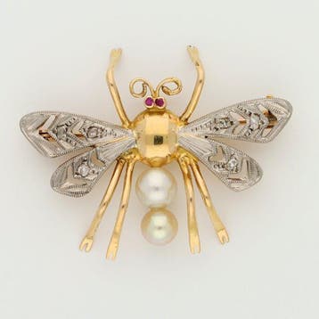Broche - 18 karaat Geel goud Parel - Diamant - Robijn.