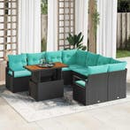 vidaXL Tuin Eetset met kussen 9 pcs Zwart en Blauwgroen, Tuin en Terras, Verzenden, Nieuw, Rotan, Meer dan 8 zitplaatsen