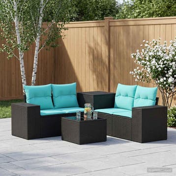 vidaXL Bankstel 6 st Zwart en Blauw Poly Rattan en Staal, Verzenden, Nieuw