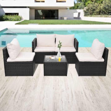 vidaXL 5-delige Loungeset met kussens poly rattan zwart, Verzenden, Nieuw, 5 zitplaatsen, Loungeset