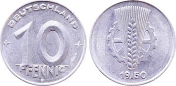 Duitsland 10 Pfennig Ddr 1950 E J 1503 vz+ aluminium, Verzenden