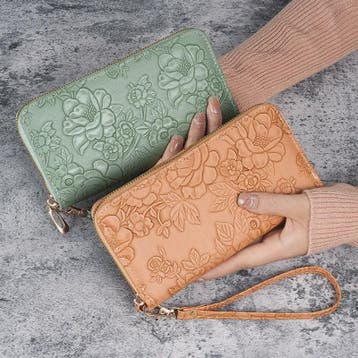 Lange Dames Portemonnee met Bloemenreliëf - Telefoonvak, Kaa, Verzenden, Nieuw