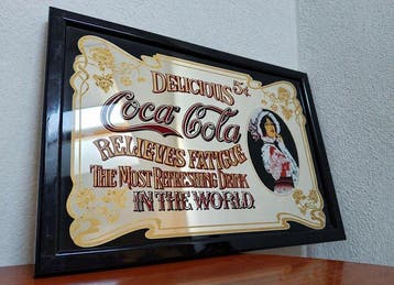Spiegel - Glas, Hout - Paneel met Coca-Cola-reclame