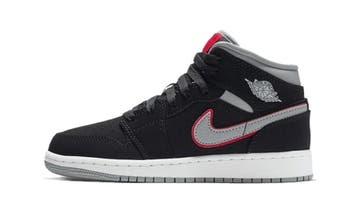 Air Jordan 1 Mid Black Particle Grey Gym Red (GS), Nieuw