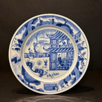Bord - Porselein, Zilver - blauw wit Kangxi bord, Antiek en Kunst