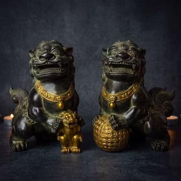 Beeld, Paar Foo Dog 21.5 cm / 5 kg - 21.5 cm - Brons, Antiek en Kunst