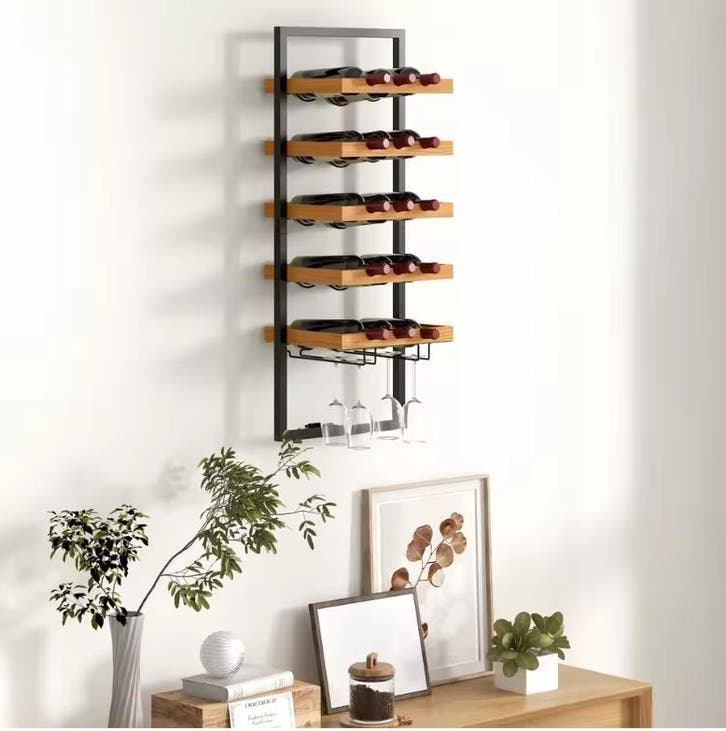 Wand Wijnrek 5 Lagen – Houten en Stalen Flessenrek met Glash, Huis en Inrichting, Kasten | Wandmeubels, Nieuw, Verzenden