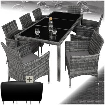 Wicker zitgroep 8+1 met beschermhoes - grijsgevlekt/grijs, Verzenden, Nieuw