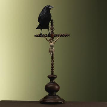 Zwarte Kraai op Kruis Taxidermie Opgezette Dieren By Max, Ophalen of Verzenden, Nieuw, Vogel, Opgezet dier