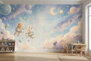 Ruimte behang babykamer – fotobehang met beer en konijn, Verzenden, Fotobehang