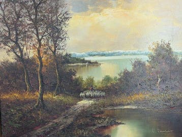 Wilhelm Reuter (1859-1937) - Schäfer mit Schafherde am See