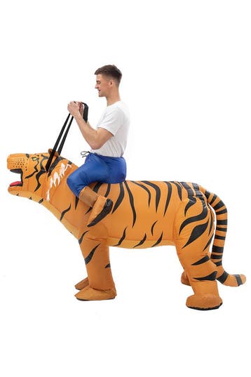 KIMU® Opblaas Kostuum Zittend Op Tijger Opblaasbaar Pak Tijg, Carnaval, Nieuw, Overige maten, Ophalen of Verzenden