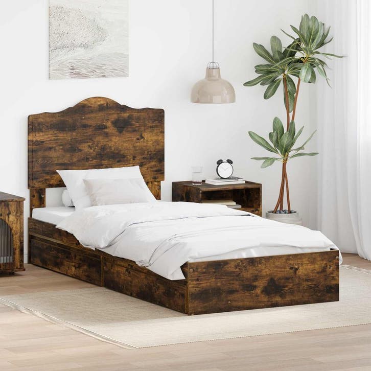 vidaXL Opslag bed met lade Gerookt eiken 100 x 200 cm, Huis en Inrichting, Slaapkamer | Bedden, Bruin, Nieuw, Hout, Verzenden