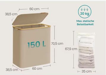 Wasmand met deksel en 3 vakken met afneembare waszakken, Verzenden, Nieuw