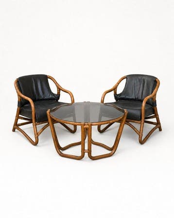 Fauteuil - Rattan - Two lounge armchairs with round table