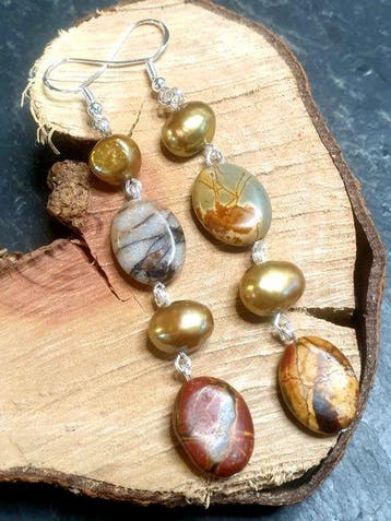 Zilver, 925, Natuurlijke Picasso-jasper, Gouden Barokparels