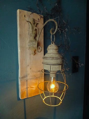 Industriële wandlamp met kooilamp, Industrieel, Verzenden, Wandhanger, Hout