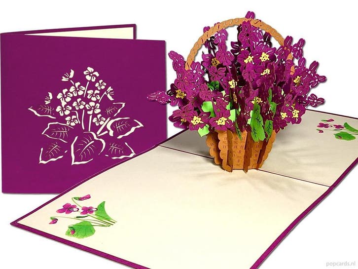 Bloemenkaart Kaaps Viooltje in rieten mand, Diversen, Wenskaarten, Verzenden