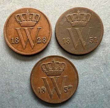 Nederland. Willem I. 1 Cent 1828 U, 1831 en 1837 (totaal