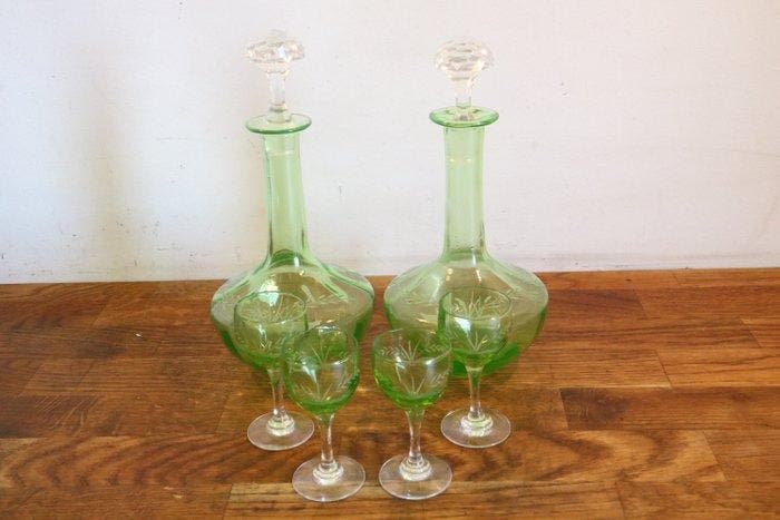 Drankservies (6) - Uraniumglas, Antiek en Kunst, Antiek | Glas en Kristal