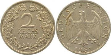 Duitsland 2 Reichsmark 1931 J J 320 ss/vz min Randfehler..., Verzenden