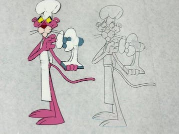 Friz Freleng - Originele animatiecel en tekening van De Roze, Nieuw in verpakking