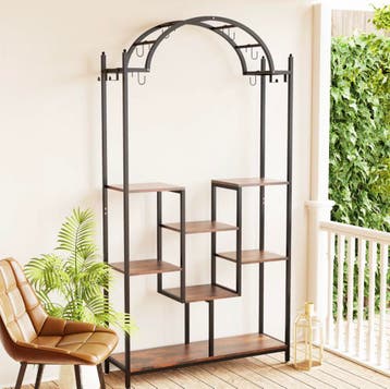 5-Laags Hoge Plantenstandaard met Ophanghaken Metaal en Hout, Tuin en Terras, Verzenden, Nieuw, Hout, Balkon