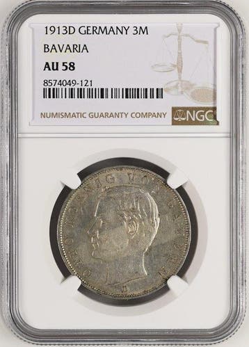 Duitsland, Beieren Otto. 3 Mark 1913 - NGC AU58
