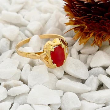 18 Krt. antiek gouden ring met bloedkoraal, Sieraden, Tassen en Uiterlijk, Gebruikt, Ophalen of Verzenden, 17 tot 18, Met edelsteen
