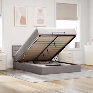 vidaXL Bed poef met matras en LEDs 140x190 cm stof taupe, Verzenden, Stof, Nieuw, Tweepersoons