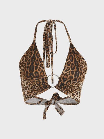 Leopard Print Halter Crop Top met Ring Detail en Bandage Slu