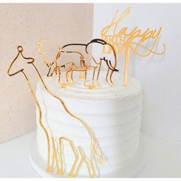 Acryl taarttopper Happy Birthday met giraf, olifant + leeuw, Verzenden, Nieuw, Taarten of Cupcakes, Versiering
